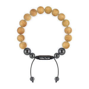 Top view of a 10mm Sandalwood crystal beaded shamballa bracelet with black stainless steel logo bead made by Voltlin