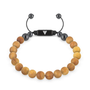 Front view of an 8mm Sandalwood crystal beaded shamballa bracelet with black stainless steel logo bead made by Voltlin