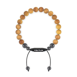 Top view of an 8mm Sandalwood crystal beaded shamballa bracelet with black stainless steel logo bead made by Voltlin