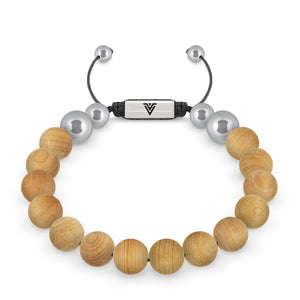 Front view of a 10mm Sandalwood beaded shamballa bracelet with silver stainless steel logo bead made by Voltlin