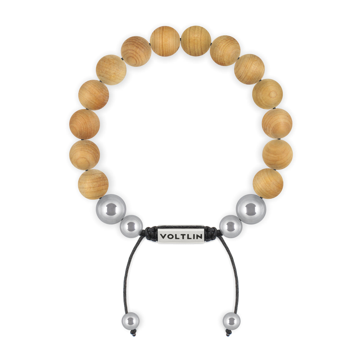Top view of a 10mm Sandalwood beaded shamballa bracelet with silver stainless steel logo bead made by Voltlin