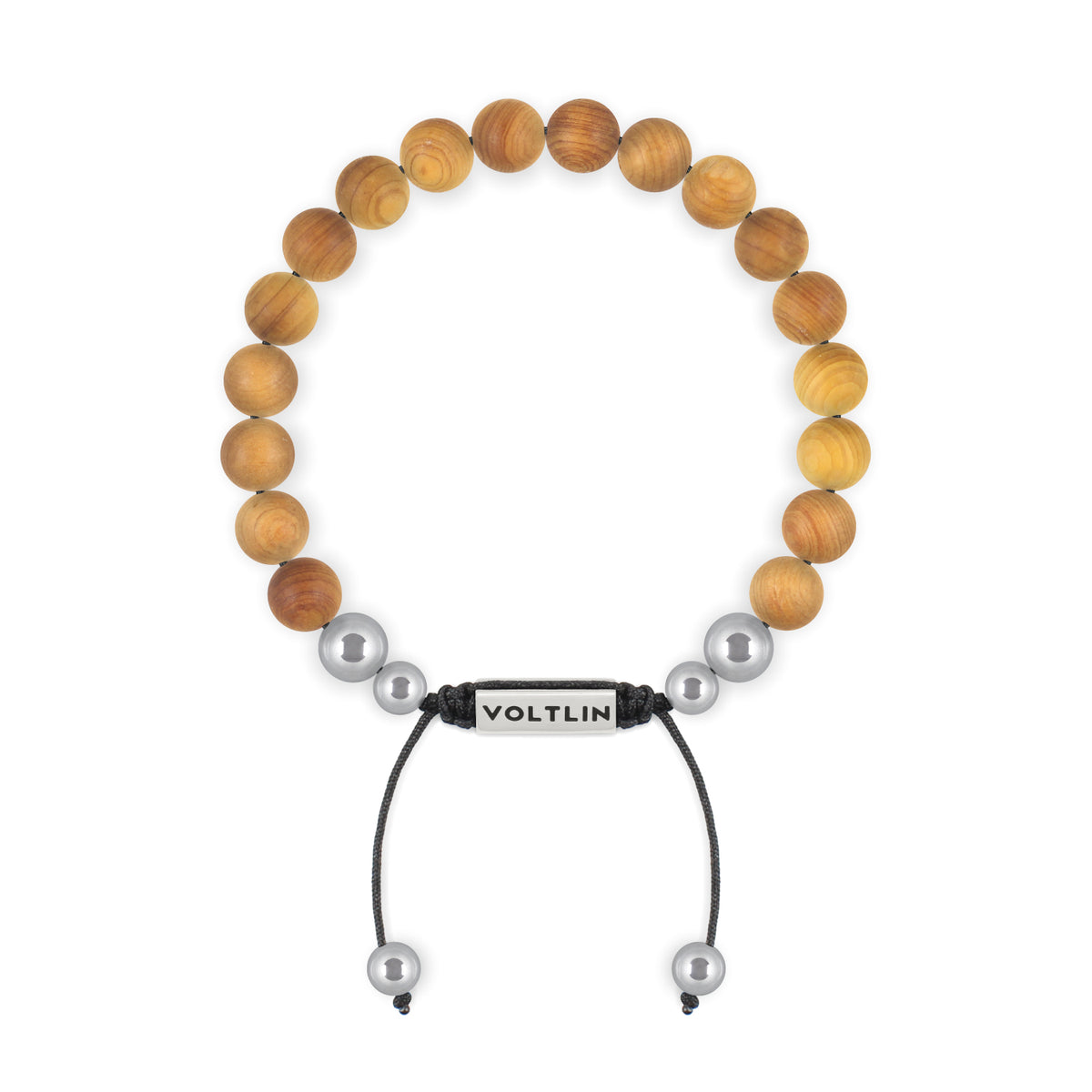 Top view of an 8mm Sandalwood beaded shamballa bracelet with silver stainless steel logo bead made by Voltlin