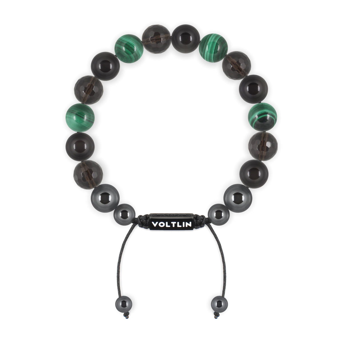 Top view of a 10mm Scorpio Zodiac crystal beaded shamballa bracelet with black stainless steel logo bead made by Voltlin