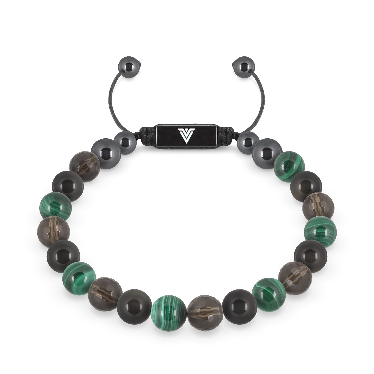 Front view of an 8mm Scorpio Zodiac crystal beaded shamballa bracelet with black stainless steel logo bead made by Voltlin