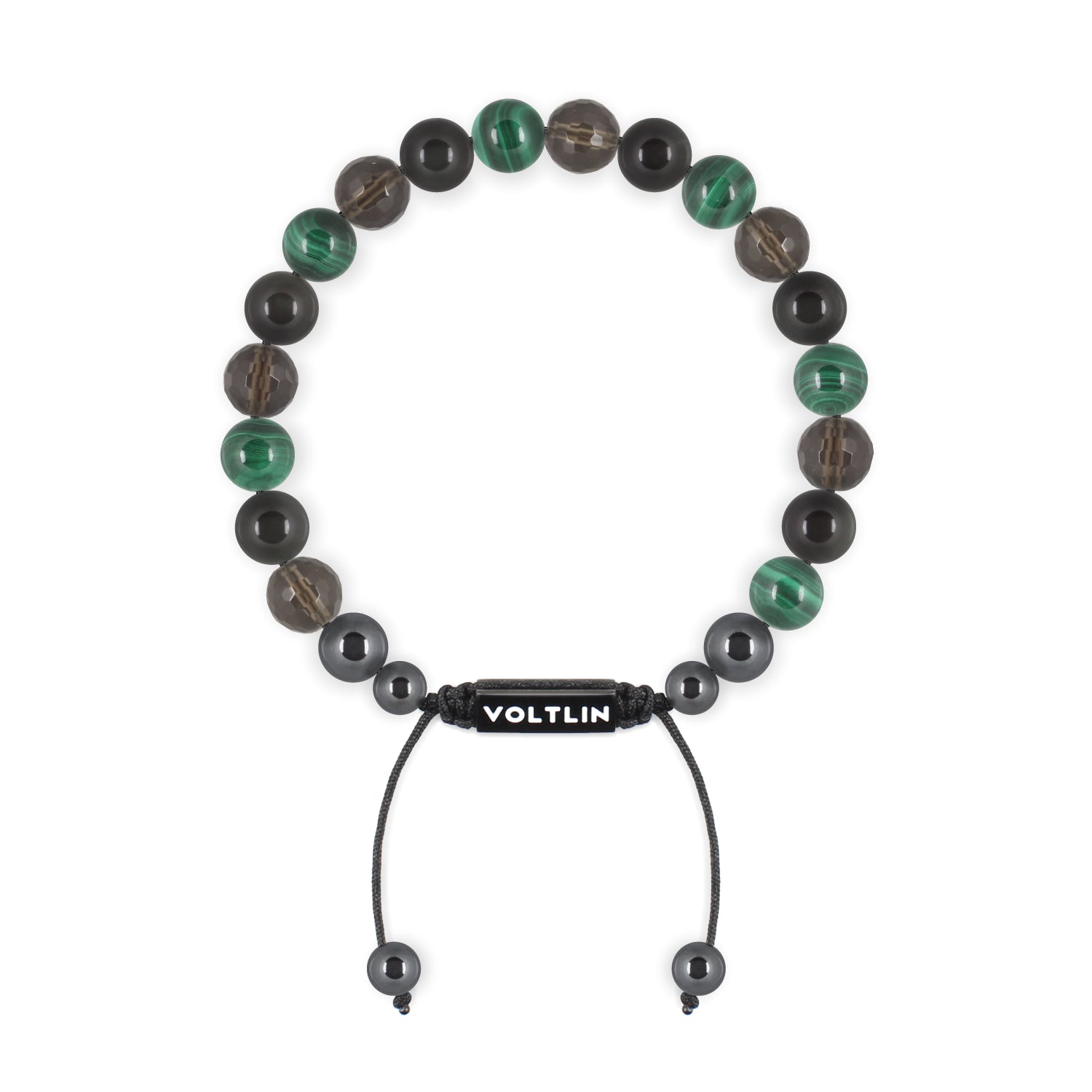Front view of an 8mm Scorpio Zodiac crystal beaded shamballa bracelet with black stainless steel logo bead made by Voltlin