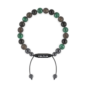 Top view of an 8mm Scorpio Zodiac crystal beaded shamballa bracelet with black stainless steel logo bead made by Voltlin