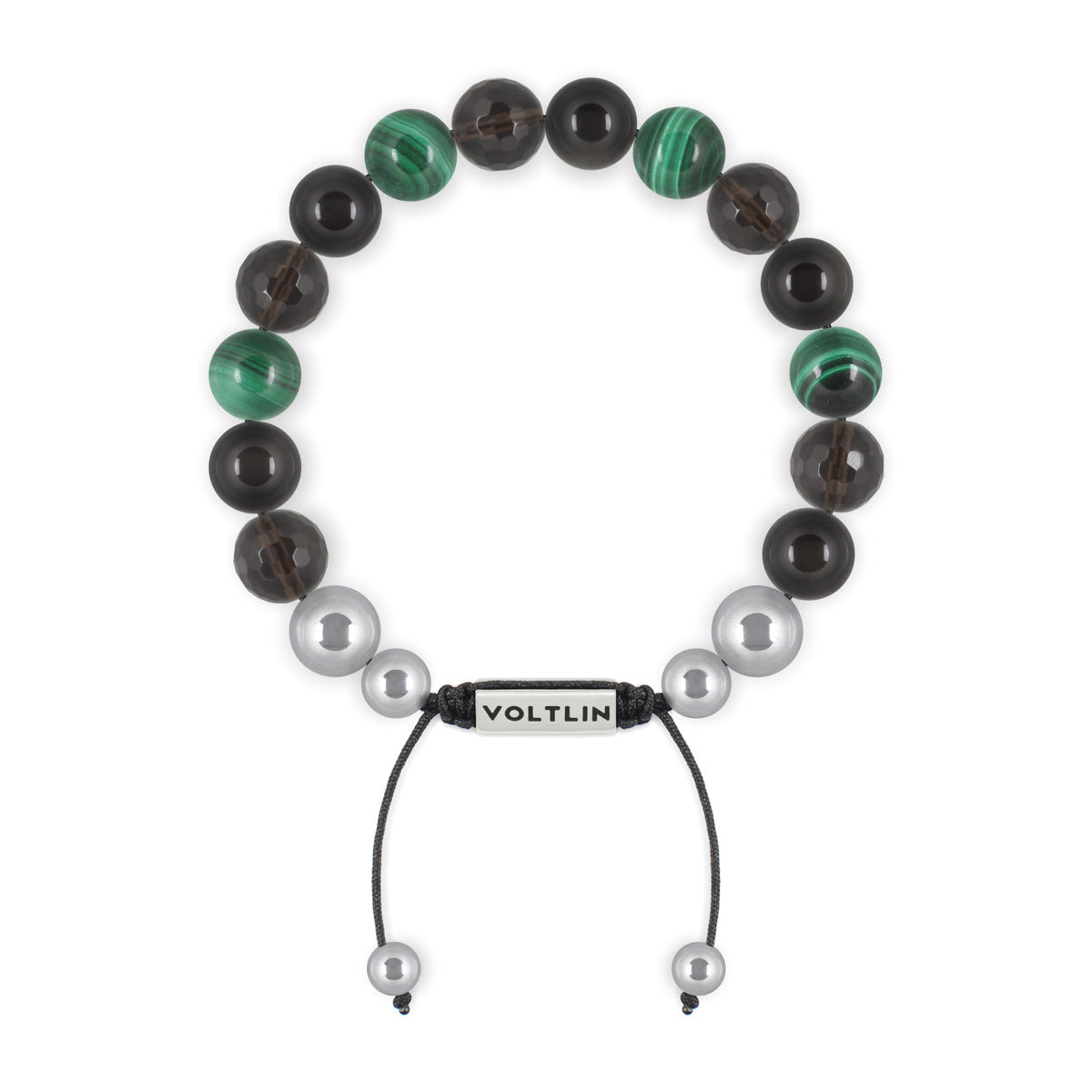 Top view of a 10mm Scorpio Zodiac beaded shamballa bracelet featuring Faceted Smoky Quartz, Black Obsidian, & Malachite crystal and silver stainless steel logo bead made by Voltlin
