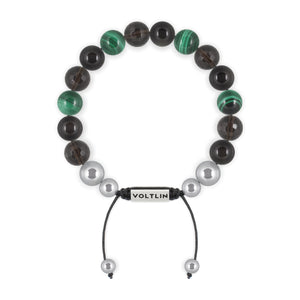 Top view of a 10mm Scorpio Zodiac beaded shamballa bracelet featuring Faceted Smoky Quartz, Black Obsidian, & Malachite crystal and silver stainless steel logo bead made by Voltlin