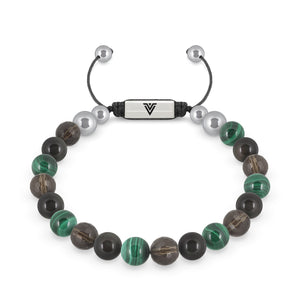 Front view of an 8mm Scorpio Zodiac beaded shamballa bracelet featuring Faceted Smoky Quartz, Black Obsidian, & Malachite crystal and silver stainless steel logo bead made by Voltlin