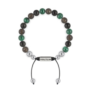 Top view of an 8mm Scorpio Zodiac beaded shamballa bracelet featuring Faceted Smoky Quartz, Black Obsidian, & Malachite crystal and silver stainless steel logo bead made by Voltlin