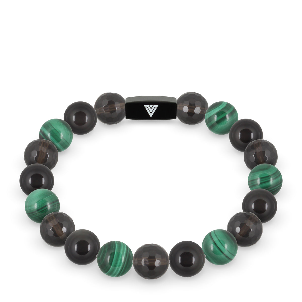 Front view of a 10mm Scorpio Zodiac crystal beaded stretch bracelet with black stainless steel logo bead made by Voltlin