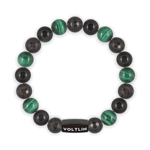 Top view of a 10mm Scorpio Zodiac crystal beaded stretch bracelet with black stainless steel logo bead made by Voltlin