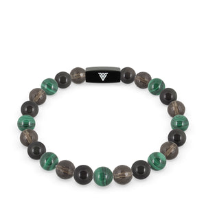Front view of an 8mm Scorpio Zodiac crystal beaded stretch bracelet with black stainless steel logo bead made by Voltlin