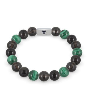 Front view of a 10mm Scorpio Zodiac beaded stretch bracelet featuring Faceted Smoky Quartz, Black Obsidian, & Malachite crystal and silver stainless steel logo bead made by Voltlin