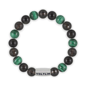 Top view of a 10mm Scorpio Zodiac beaded stretch bracelet featuring Faceted Smoky Quartz, Black Obsidian, & Malachite crystal and silver stainless steel logo bead made by Voltlin