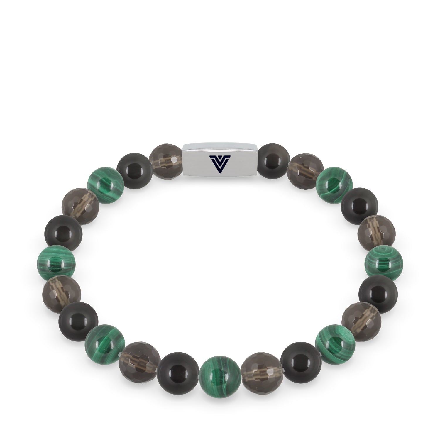 Front view of an 8mm Scorpio Zodiac beaded stretch bracelet featuring Faceted Smoky Quartz, Black Obsidian, & Malachite crystal and silver stainless steel logo bead made by Voltlin