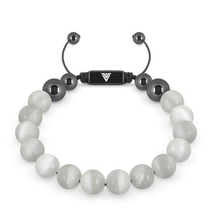Front view of a 10mm Selenite crystal beaded shamballa bracelet with black stainless steel logo bead made by Voltlin