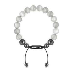 Top view of a 10mm Selenite crystal beaded shamballa bracelet with black stainless steel logo bead made by Voltlin