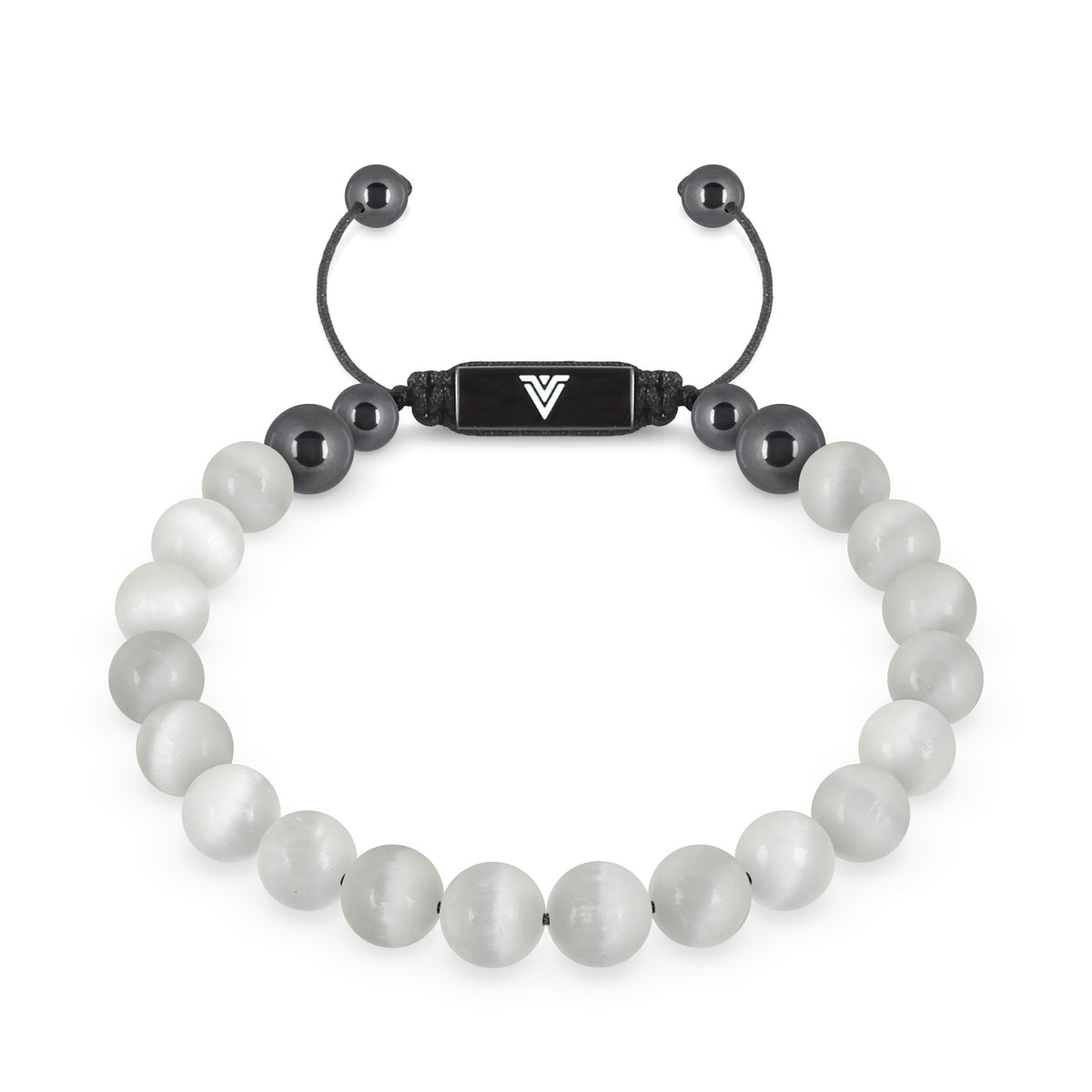Front view of an 8mm Selenite crystal beaded shamballa bracelet with black stainless steel logo bead made by Voltlin