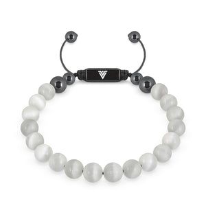 Front view of an 8mm Selenite crystal beaded shamballa bracelet with black stainless steel logo bead made by Voltlin