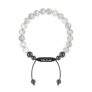 Top view of an 8mm Selenite crystal beaded shamballa bracelet with black stainless steel logo bead made by Voltlin