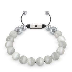 Front view of a 10mm Selenite beaded shamballa bracelet with silver stainless steel logo bead made by Voltlin