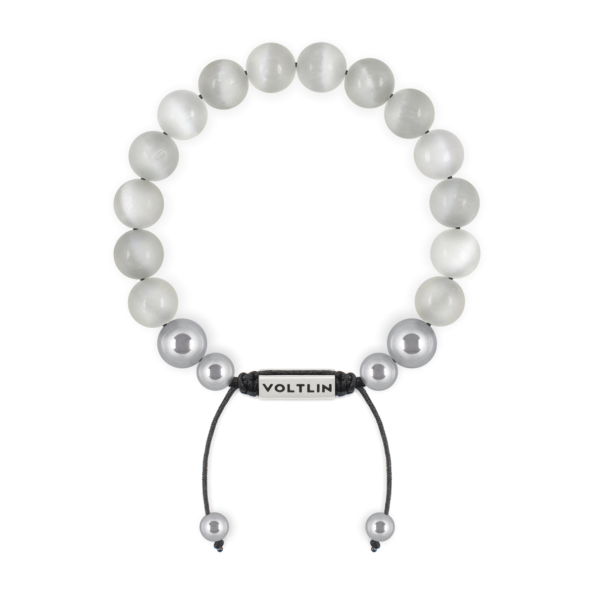 Top view of a 10mm Selenite beaded shamballa bracelet with silver stainless steel logo bead made by Voltlin