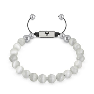 Front view of an 8mm Selenite beaded shamballa bracelet with silver stainless steel logo bead made by Voltlin