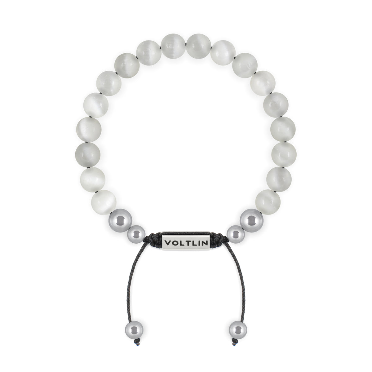 Top view of an 8mm Selenite beaded shamballa bracelet with silver stainless steel logo bead made by Voltlin