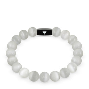 Front view of a 10mm Selenite crystal beaded stretch bracelet with black stainless steel logo bead made by Voltlin