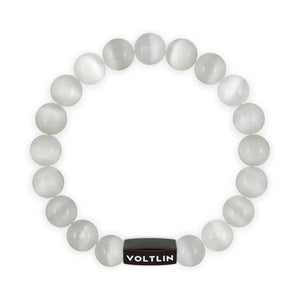 Top view of a 10mm Selenite crystal beaded stretch bracelet with black stainless steel logo bead made by Voltlin