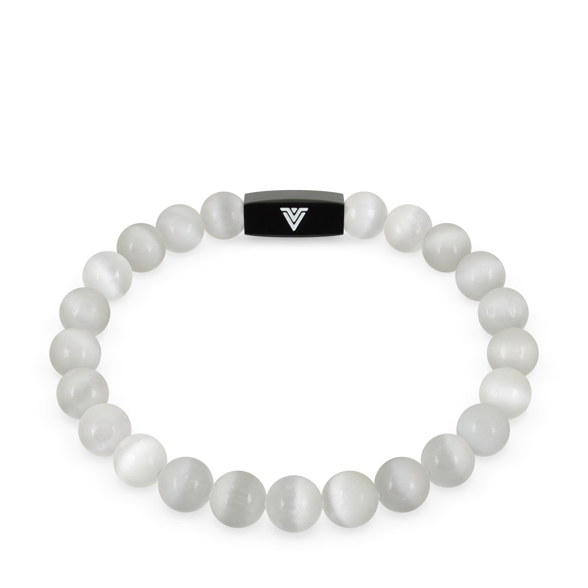 Front view of an 8mm Selenite crystal beaded stretch bracelet with black stainless steel logo bead made by Voltlin