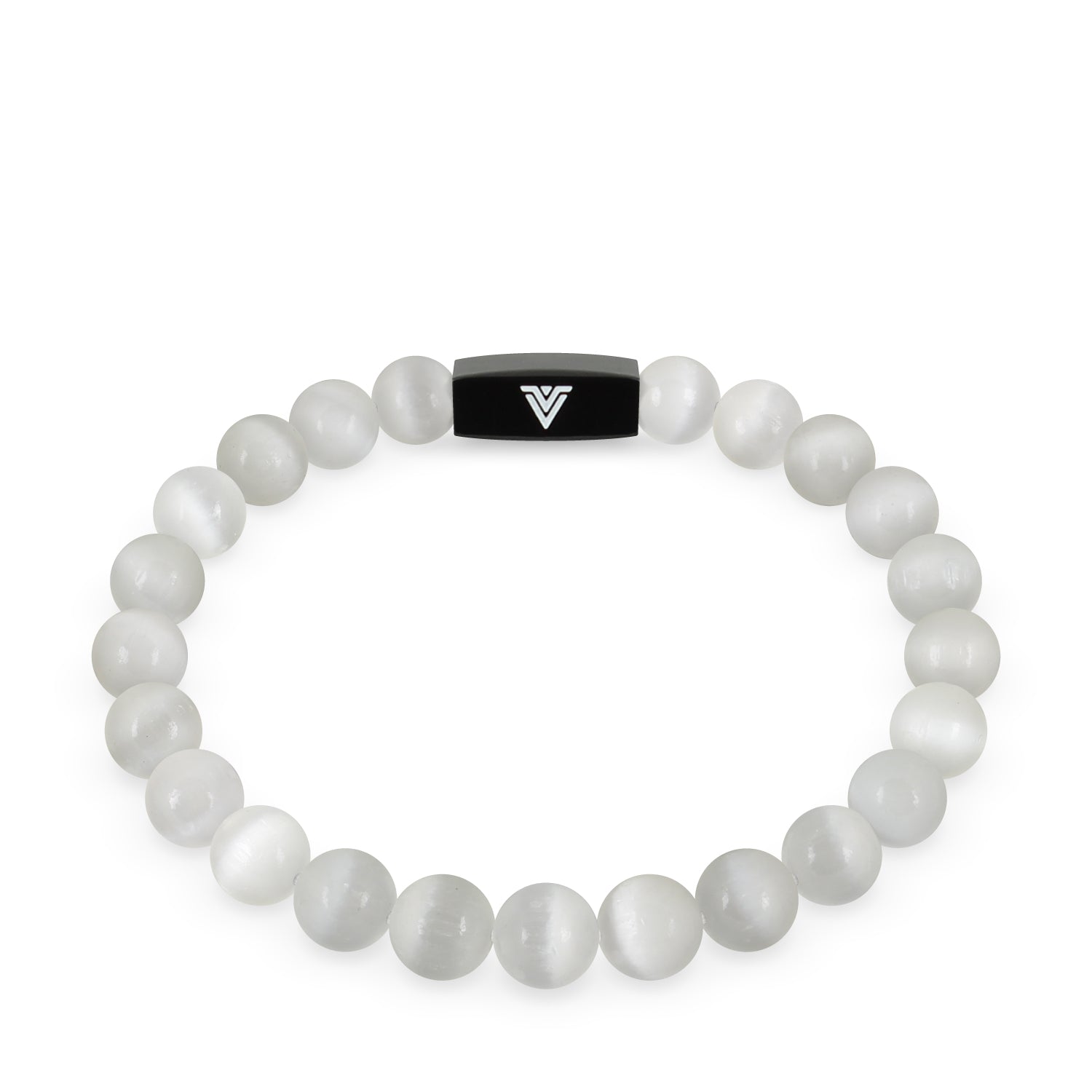 Front view of an 8mm Selenite crystal beaded stretch bracelet with black stainless steel logo bead made by Voltlin