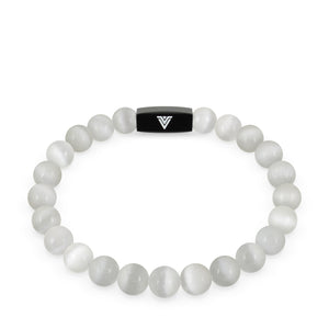 Front view of an 8mm Selenite crystal beaded stretch bracelet with black stainless steel logo bead made by Voltlin