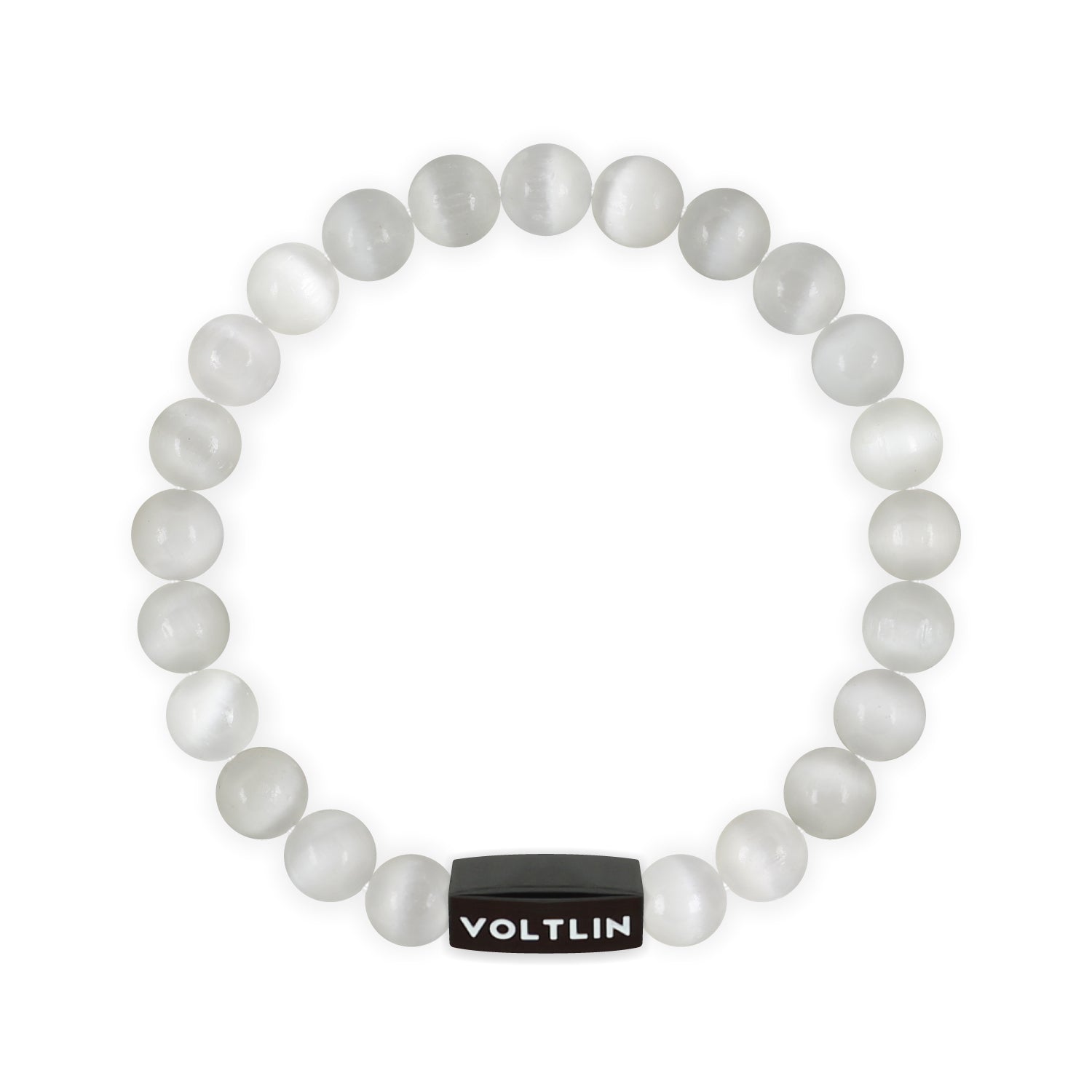Top view of an 8mm Selenite crystal beaded stretch bracelet with black stainless steel logo bead made by Voltlin
