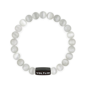 Top view of an 8mm Selenite crystal beaded stretch bracelet with black stainless steel logo bead made by Voltlin
