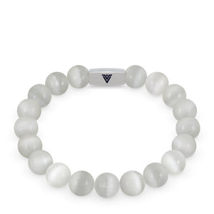 Front view of a 10mm Selenite beaded stretch bracelet with silver stainless steel logo bead made by Voltlin