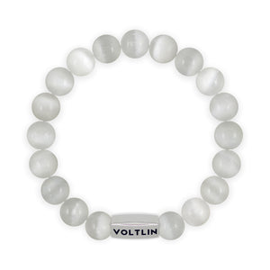 Top view of a 10mm Selenite beaded stretch bracelet with silver stainless steel logo bead made by Voltlin
