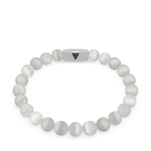 Front view of an 8mm Selenite beaded stretch bracelet with silver stainless steel logo bead made by Voltlin