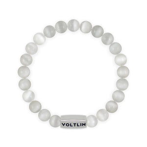 Top view of an 8mm Selenite beaded stretch bracelet with silver stainless steel logo bead made by Voltlin