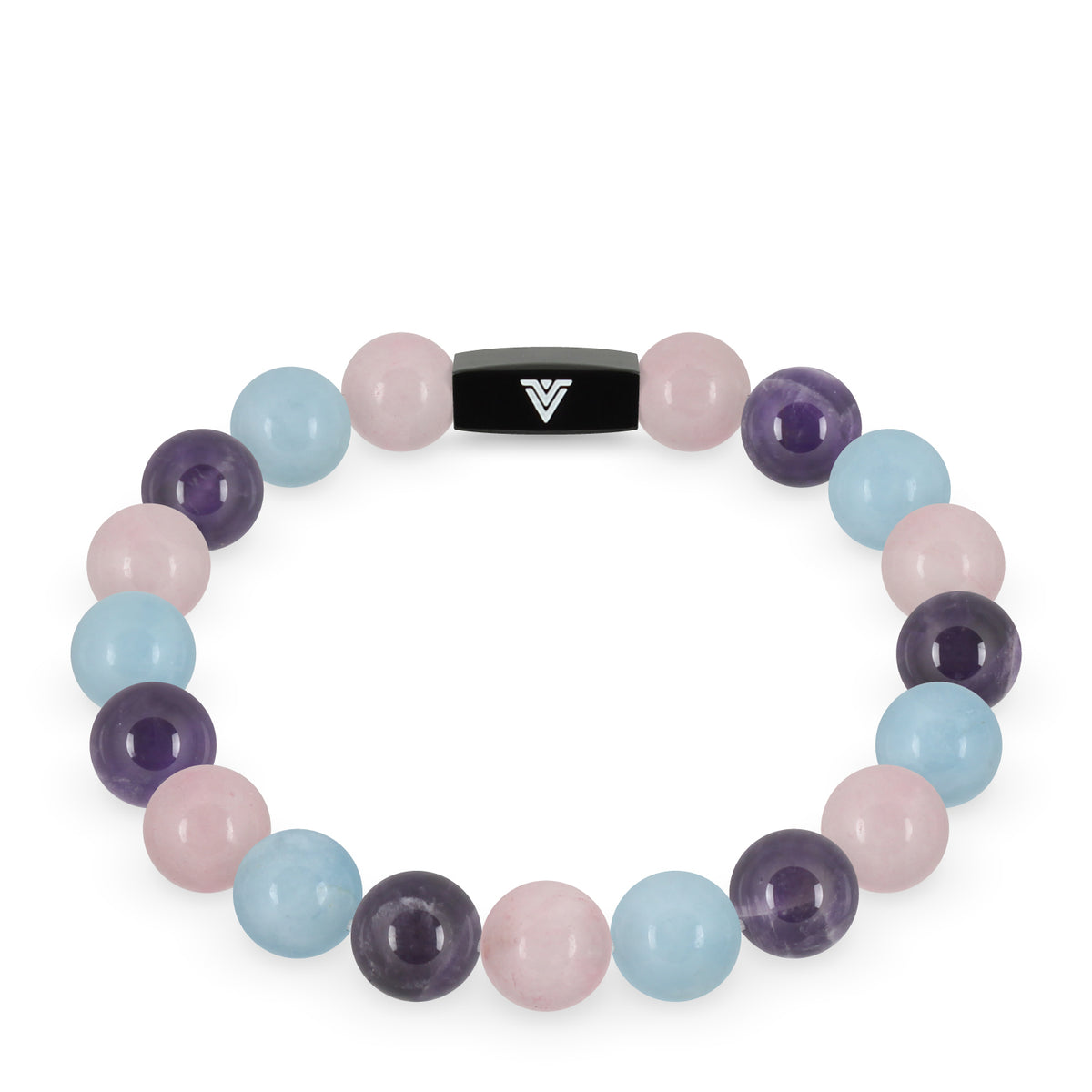 Front view of a 10mm Serenity crystal beaded stretch bracelet with black stainless steel logo bead made by Voltlin
