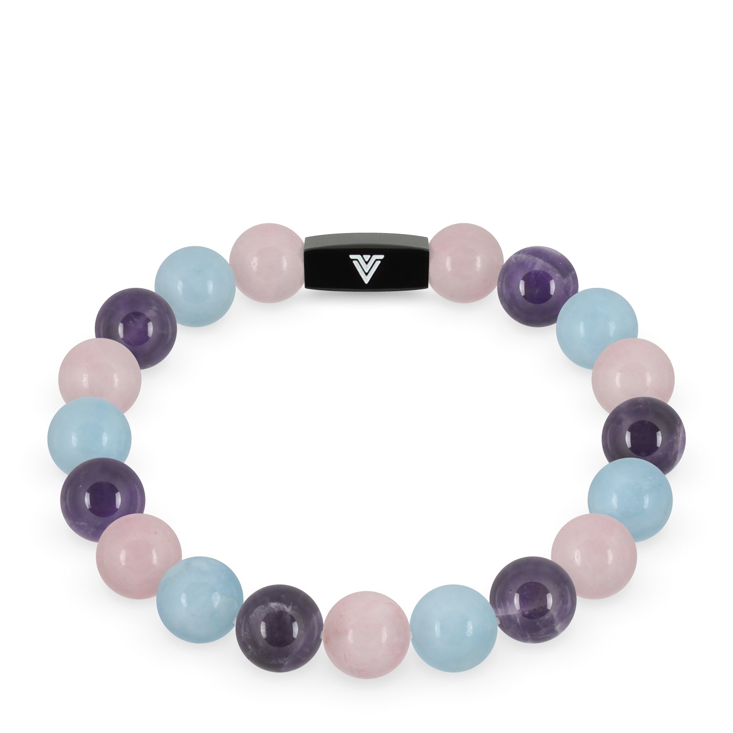Front view of a 10mm Serenity crystal beaded stretch bracelet with black stainless steel logo bead made by Voltlin