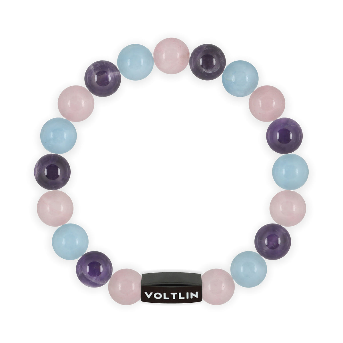 Top view of a 10mm Serenity crystal beaded stretch bracelet with black stainless steel logo bead made by Voltlin