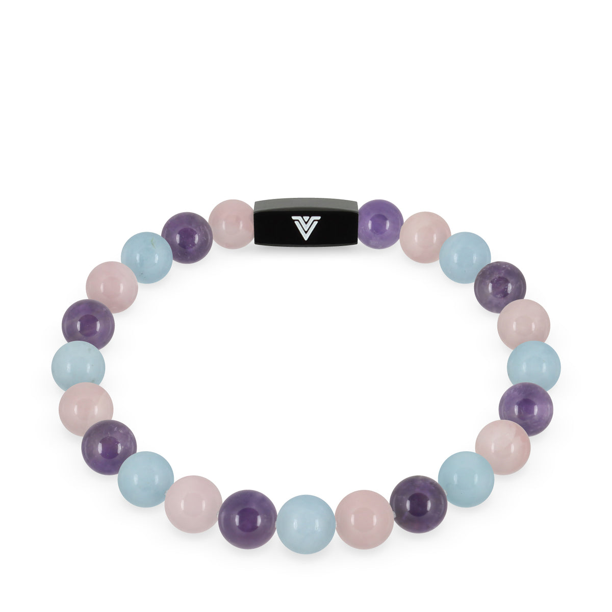Front view of an 8mm Serenity crystal beaded stretch bracelet with black stainless steel logo bead made by Voltlin