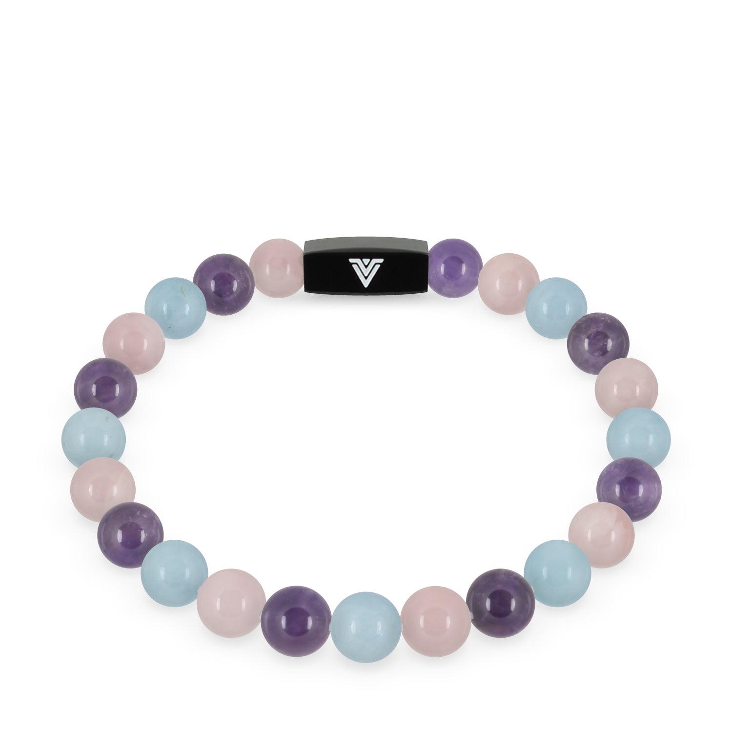 Front view of an 8mm Serenity crystal beaded stretch bracelet with black stainless steel logo bead made by Voltlin