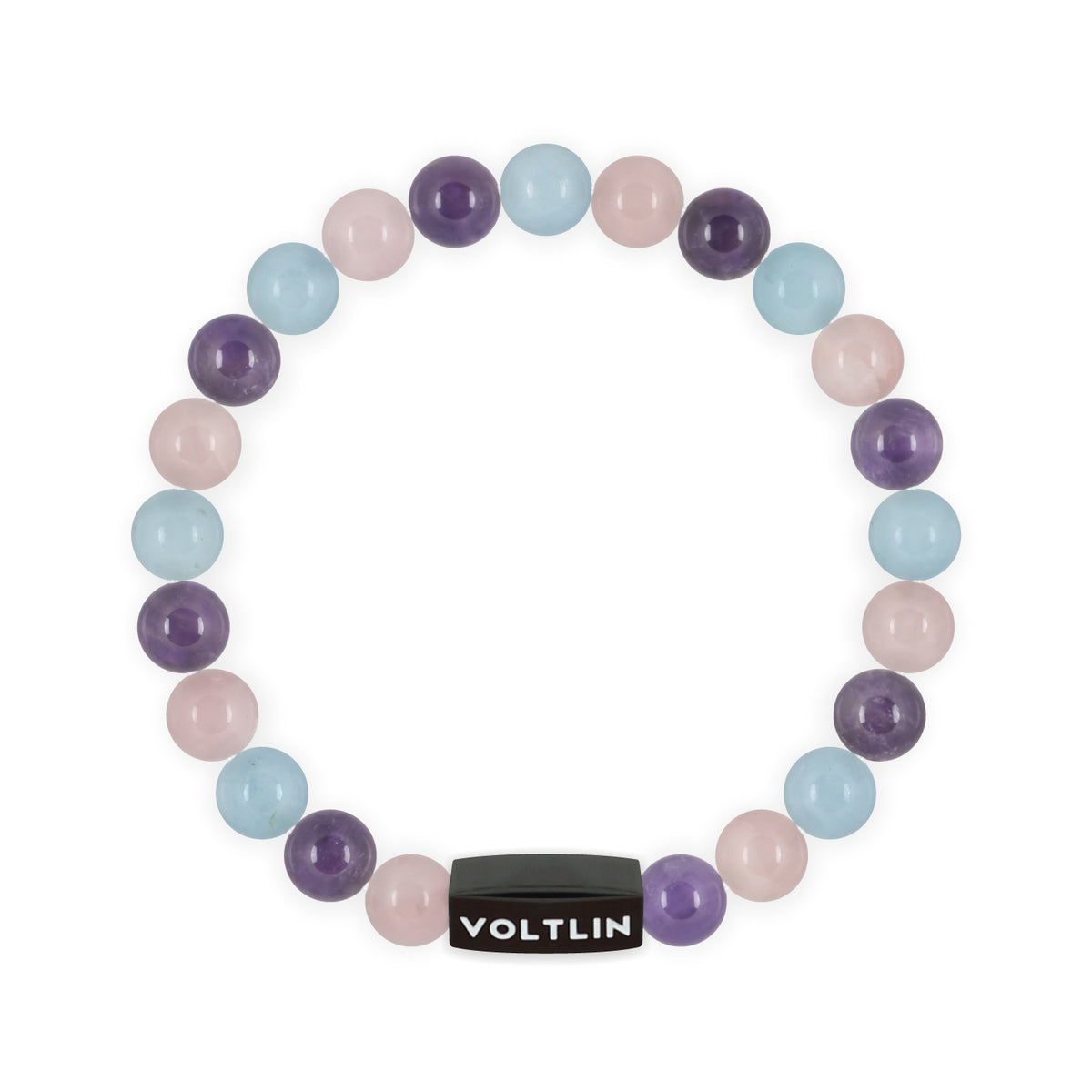 Top view of an 8mm Serenity crystal beaded stretch bracelet with black stainless steel logo bead made by Voltlin