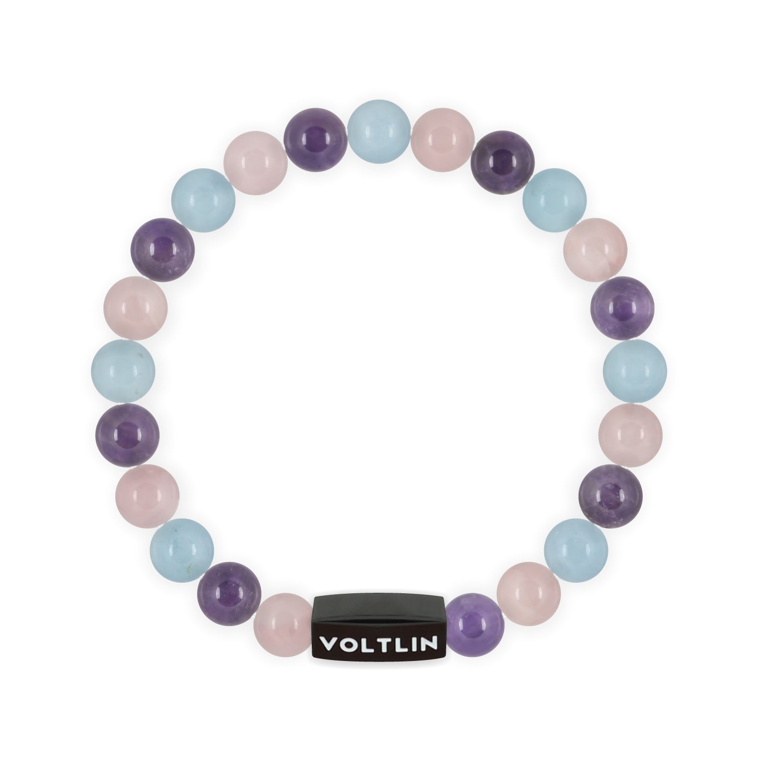 Top view of an 8mm Serenity crystal beaded stretch bracelet with black stainless steel logo bead made by Voltlin