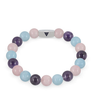 Front view of a 10mm Serenity beaded stretch bracelet featuring Rose Quartz, Amethyst, & Aquamarine crystal and silver stainless steel logo bead made by Voltlin