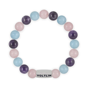 Top view of a 10mm Serenity beaded stretch bracelet featuring Rose Quartz, Amethyst, & Aquamarine crystal and silver stainless steel logo bead made by Voltlin