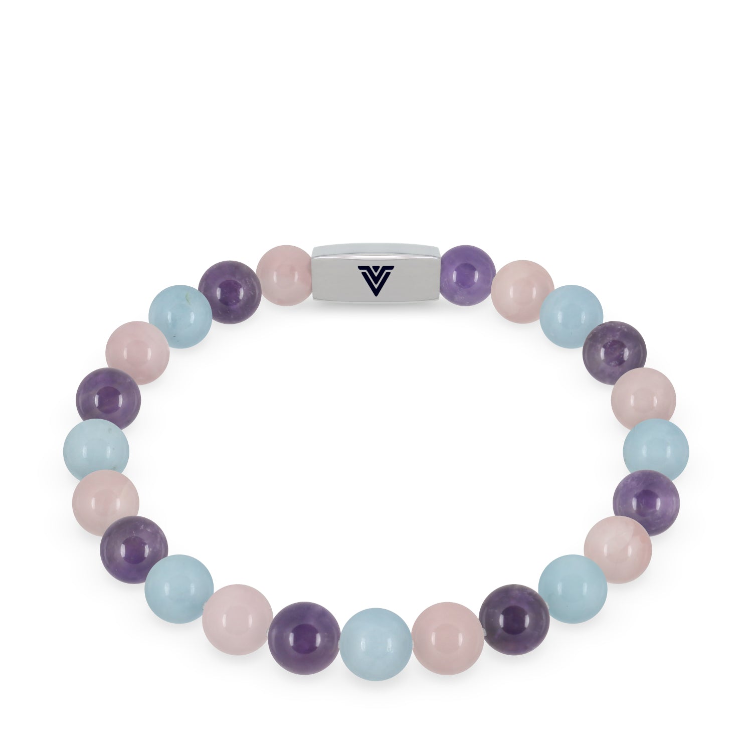Front view of an 8mm Serenity beaded stretch bracelet featuring Rose Quartz, Amethyst, & Aquamarine crystal and silver stainless steel logo bead made by Voltlin